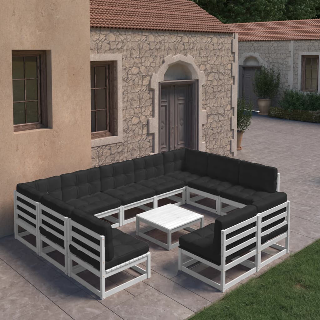 10-tlg. Garten-Lounge-Set mit Kissen Weiss Kiefer Massivholz